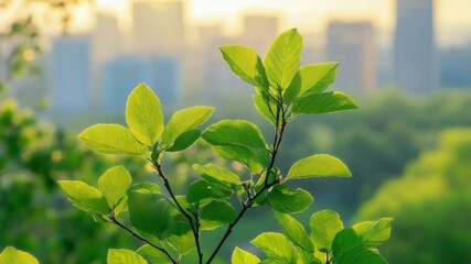 Aufkleber - A close-up shot of a plant with a city skyline visible in the background, great for travel or urban-themed projects