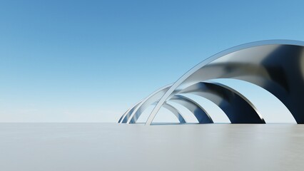 Poster - 3d illustration of abstract wavy architecture background, Minimal curved geometry architectural design, Car presentation backdrop with empty concrete floor, Flowing geometric metal building design
