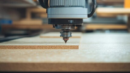 Poster - A close-up shot of a machine cutting a piece of wood, possibly in a workshop or factory setting