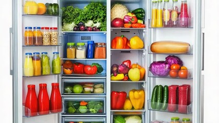 Poster - Refrigerator stocked with various food items, ideal for use in editorial and commercial contexts