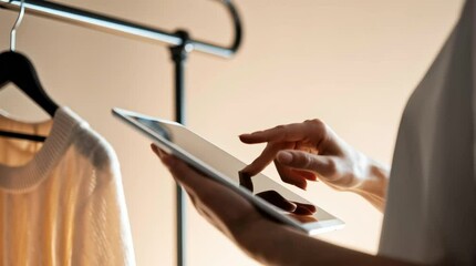 Woman using a tablet to manage clothing inventory in a boutique or online store. E commerce concept.