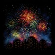 © Gamenin - Vibrant fireworks explode over a cityscape at night, colorful bursts against a dark sky, detailed with textured strokes