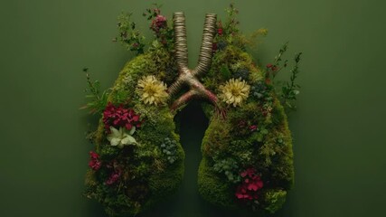 Poster - A lung covered in moss and surrounded by various flowers and plants, ideal for medical or scientific illustrations