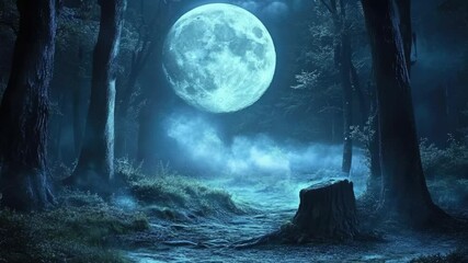 Poster - A dark forest at night with a full moon shining down, ideal for mysterious and eerie scenes