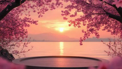 Poster - Beautiful landscape with blooming trees reflected in calm water as sunset approaches