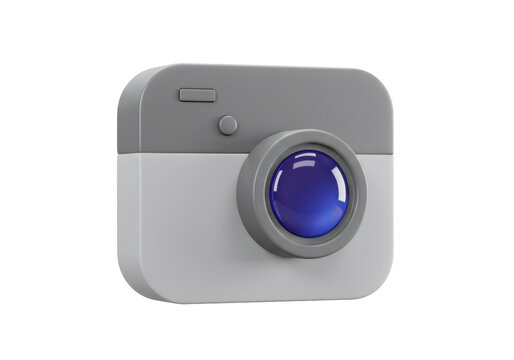 3D Rendered Camera Icon with Blue Lens in Gray and White on Transparent Background