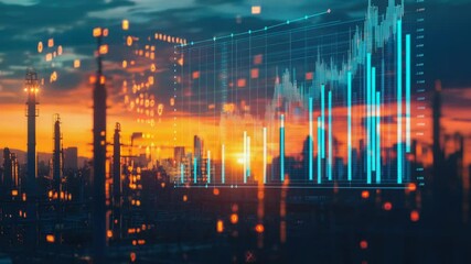 Aufkleber - A cityscape at sunset with a stock chart in the foreground, ideal for financial or urban-themed projects