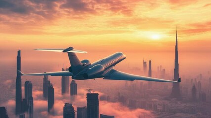 Poster - Airplane flying over city at sunset