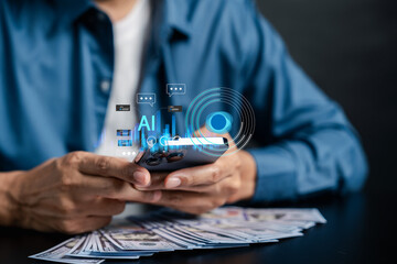 Poster - Artificial intelligence for financial growth using smartphone technology. AI investment, cash flow automation, fintech innovation, and digital wealth generation tools.