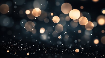 Poster - Golden bokeh lights and shimmering dust particles float on a dark background. Ideal for overlays or adding a magical touch to holiday designs.