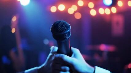 Poster - A microphone set up on a stage with bright lights, perfect for concerts or performances