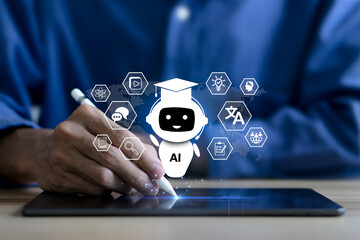 AI Education technology concept. A man use Artificial Intelligence to Learn lessons and online webinars successfully in modern digital learning, Courses to develop new skills. E-learning, Generate.