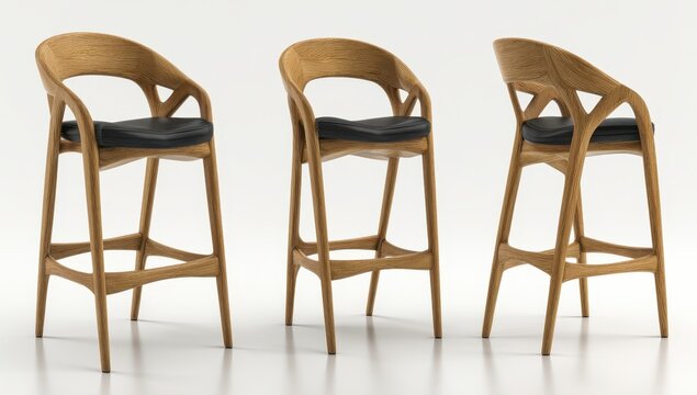 Three light brown wooden bar stools with black leather seats (1)