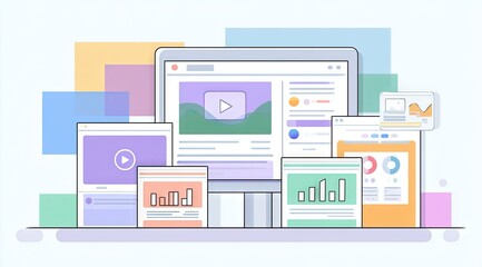 A desktop computer displays a website with video and data visualizations, surrounded by smaller devices showing similar content, all in pastel colors against a light blue background