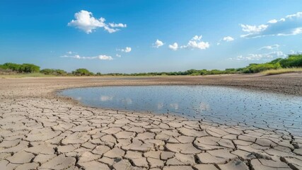 Poster - A large body of water sits atop a dry, grass-covered field