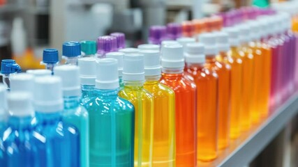 Aufkleber - A row of colorful water bottles on a shelf, great for food or beverage photography
