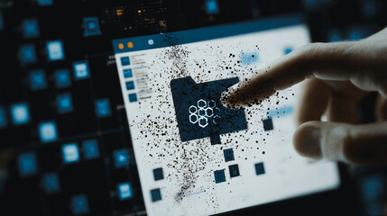 Poster - Data breach: A person is shown interacting with a computer screen, a digital data concept.