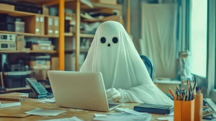 Aufkleber - A ghost sits at a desk with a laptop, highlighting the intersection of technology and the supernatural