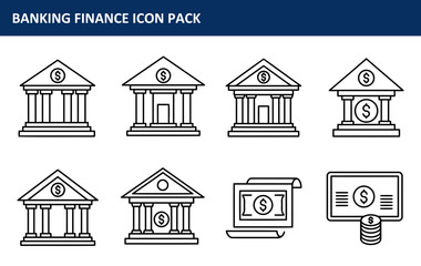 Poster - Banking finance icon pack showing various financial institutions and transactions. Simple, black-and-white line drawings of bank buildings, money, and financial documents.