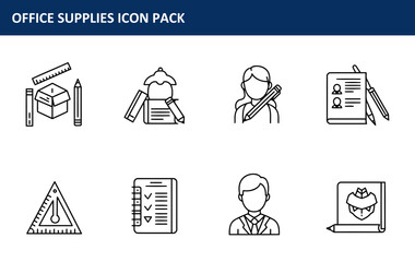 Poster - The office supplies icon pack showing various tools and people in an office setting depicts essential elements like rulers and pencils, suitable for advertising and web design.