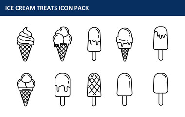 Poster - Ice cream treats icon set displayed in a simple, flat style, showing various types of ice cream in cones and on sticks. Outline illustrations of ice cream in various shapes and forms.