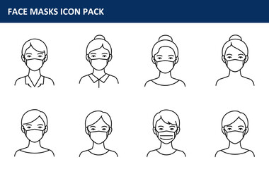 Poster - Female figures in various hairstyles wearing face masks in a simple, outline style. Diverse female demographics wearing masks in a neutral setting.