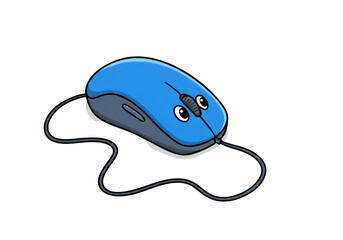 Aufkleber - Cartoon Illustration of a Blue Computer Mouse with Cord on Black Background