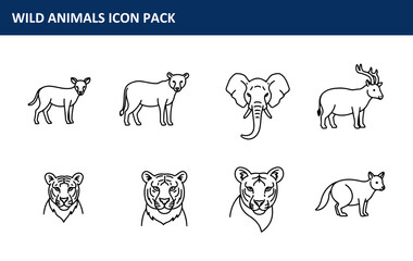 Poster - Wild animal icons in a simple line art style. Outlined silhouettes of various animals in profile or head-on views, presented as a set for graphic design or illustration use.