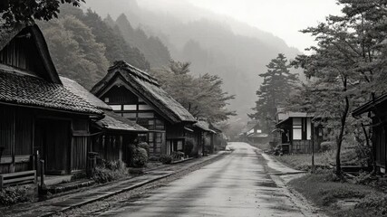 Poster - A quiet black and white street scene in a rural village, great for use in histories or nostalgia-themed projects