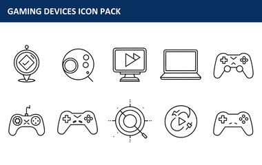 Poster - The gaming devices icon pack showing various game controller and display icons is presented in a set of outline icons, suitable for use in gaming-related advertising or editorial material.