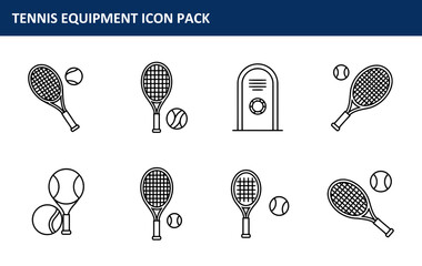 Poster - The tennis equipment icon pack in a line art design for sport or athletic use is displayed in a set of simple, bold line art, suitable for graphic design and promotional materials.
