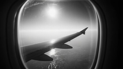 Poster - View of an airplane wing from inside the plane, looking out the window
