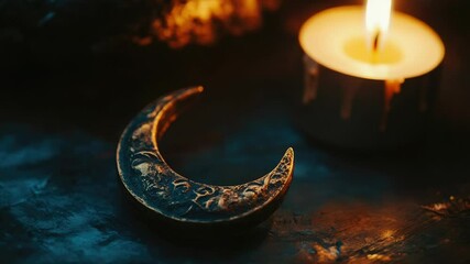 Poster - A crescent moon shape sits beside a lit candle, providing a warm glow