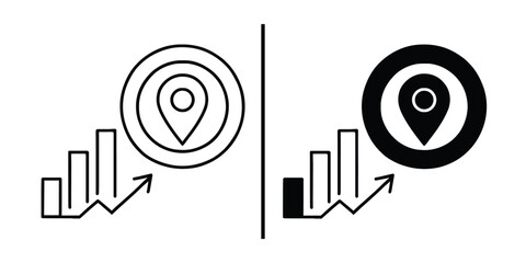 Fototapete - Localization Data Analysis Icon: A minimalist design features a rising graph paired with location pin icons, illustrating data-driven insights and geographical analysis