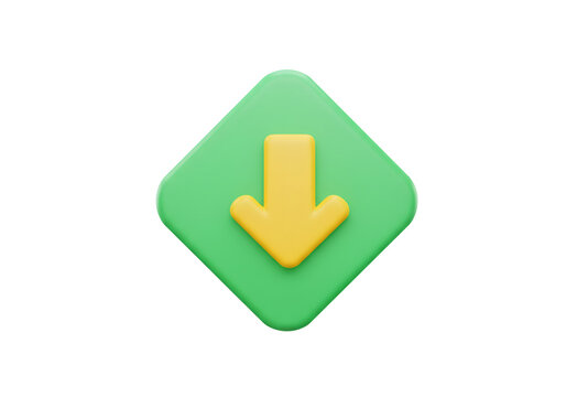 Yellow Down Arrow in Green Square 3D Render on Transparent Background