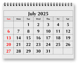 Page of annual monthly calendar - month july 2025