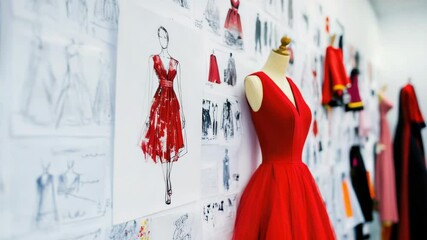 Aufkleber - A red dress hung on a wall, possibly in a boutique or dressing room