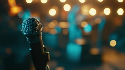 Poster - A close-up shot of a microphone on a dark stage lit by colorful lights
