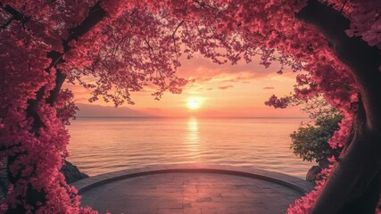 Poster - A peaceful scene of a sunset over calm water, surrounded by blooming trees
