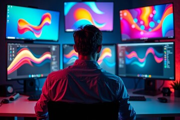 Aufkleber - Digital Artist Immersed in a Multitude of Creative Design Projects on Various Computer Screens
