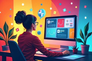 Aufkleber - Designer Enhancing a Web Page Surrounded by Dynamic Graphics and Design Elements.