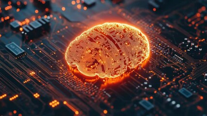 Poster - A futuristic electronic component featuring a bright blue glowing brain icon