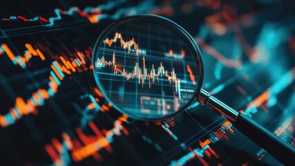 Fototapete - A close-up of a magnifying glass analyzing financial data on a stock chart, useful for presentations and reports