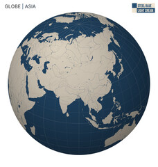 Poster - Vector Globe centered to Asia. Steel Blue Light Cream palette. World map with meridians, parallels, countries, rivers and lakes. Stylish vector illustration.