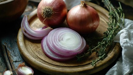 Poster - A cutting board with sliced onions and fresh herbs, perfect for kitchen use or food styling