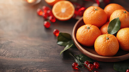 Poster - Wooden bowl filled with fresh mandarin oranges is surrounded by red decorative elements and green leaves on rustic wooden table, creating vibrant and festive atmosphere