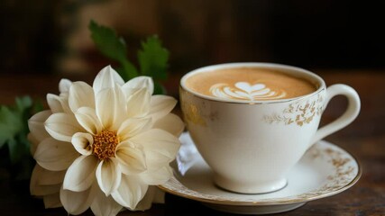 Aufkleber - A cup of coffee and a flower on a table, perfect for a morning pick-me-up or as a decorative accent