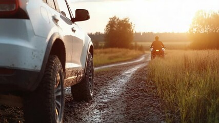 Poster - A white truck drives down a dirt road with a rustic landscape in the background