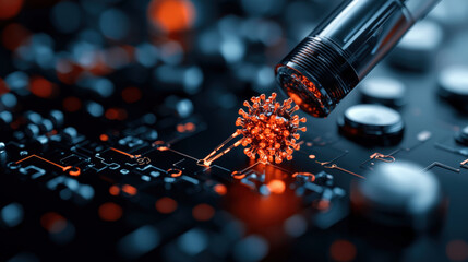 Poster - Close up of nanobot delivering targeted therapy to virus on circuit board, showcasing advanced technology and innovation