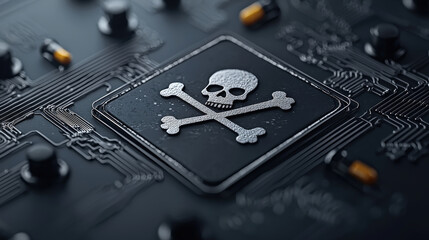 Aufkleber - Close up of circuit board features prominent skull and crossbones symbol, indicating danger or caution. intricate design of electronic components adds sense of complexity and warning